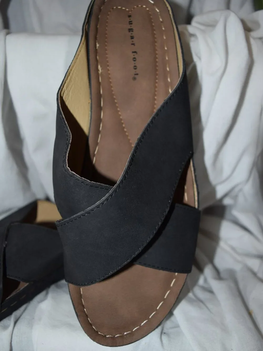 Sugar Foot Bandy Slide Sandals Black Two Cross Straps Flat~ Women’s Size 12